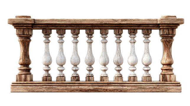 Detailed view of a weathered wooden balustrade with decorative spindles and textured surfaces design element on transparent background