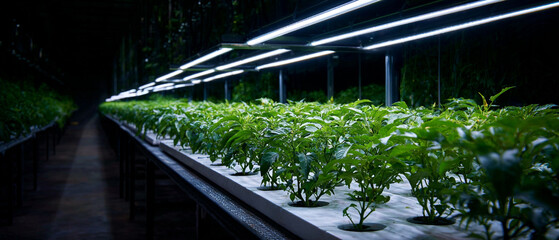 A long row of hydroponically grown plants under bright artificial lights in a dark environment