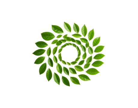 Spiral arrangement of vibrant green leaves creating a natural wreath design