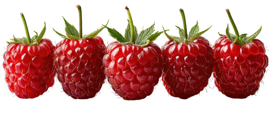 High-resolution raspberries in a row, juicy texture and realistic shadow, isolated on a Transparent background, PNG file.