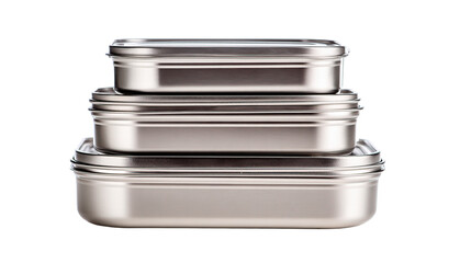 Obraz premium Three shiny rectangular metal containers stacked on top of each other in a vertical arrangement view on transparent background