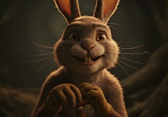 Charming computer-generated hare with a wide, toothy grin looking at the camera in a moody woodland.