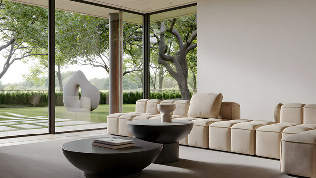 Fototapeta Modern beige sofa in minimalist living room with garden view