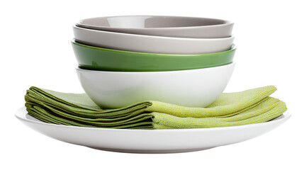 Stacked bowls in gray green and offdish on a plate with folded green napkins on a solid area on transparent background