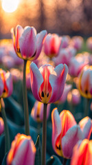 Pink white tulip macro bloom photographed under golden hour sunlight with clear afternoon garden background aesthetic floral photography for wallpaper background