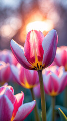 Pink white tulips in macro floral photo taken under warm glowing natural afternoon sunlight conditions aesthetic floral photography for wallpaper background