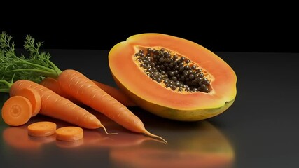 Freshly sliced papaya and carrots arranged artistically on a dark reflective surface - Powered by Adobe