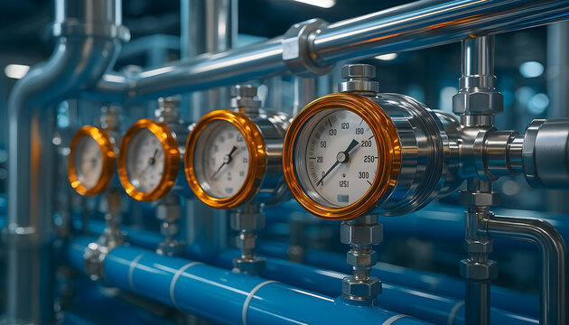 Row of orange-rimmed manometers on shiny blue metal pipes in an industrial plant with bright lighting and technical background