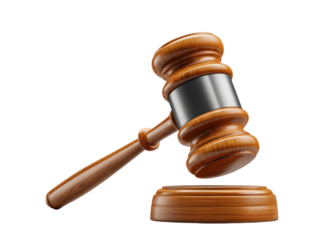 Legal icon in justice system, hammer used in law courts, isolated on a Transparent background, PNG file.