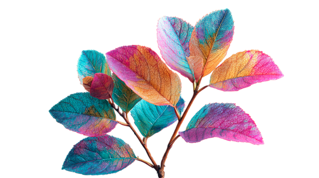 A vibrant branch with colorful leaves showcasing shades of pink, orange, and teal against a dark area on transparent background - Powered by Adobe