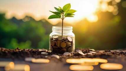 Conceptual financial growth image showing plant seedling growing from a coin-filled glass jar in garden setting symbolizing future investments. - Powered by Adobe