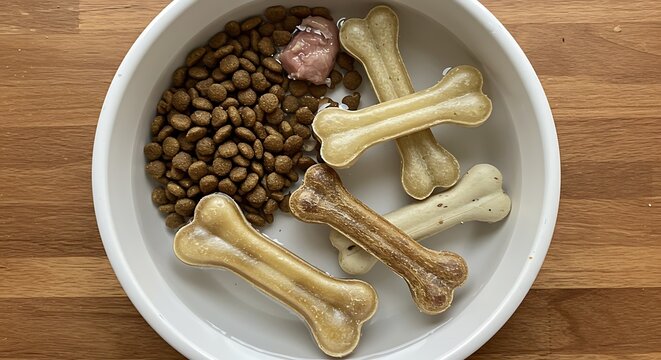 A white bowl filled with dry dog food, wet food, and bone shaped dog treats on a wood surface - Powered by Adobe