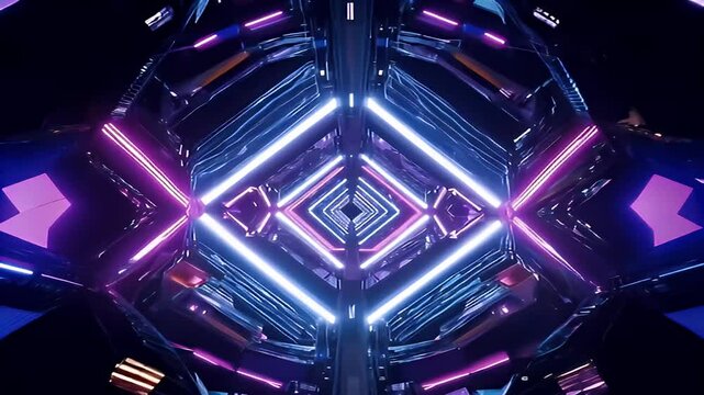 Enter hightech ultraviolet tunnel where neon scifi elements glow futuristic pattern vibrant lines form intricate designs mirror creating immersive visually striking experience perfect bright