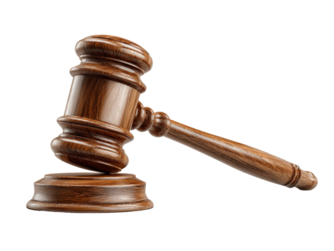 Legal icon in justice system, hammer used in law courts, isolated on a Transparent background, PNG file.