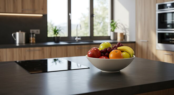 A fruit bowl on a kitchen island with modern appliances and a view of greenery through the window
