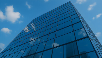 Obraz premium Modern skyscraper with blue glass facade reflecting clouds and sky, captured from a low angle for a futuristic and professional urban look