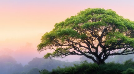 Obraz premium Majestic tree at sunrise over a misty landscape