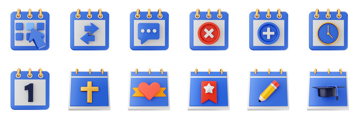 3d calendar schedule event reminder date month icon set bundle illustration
