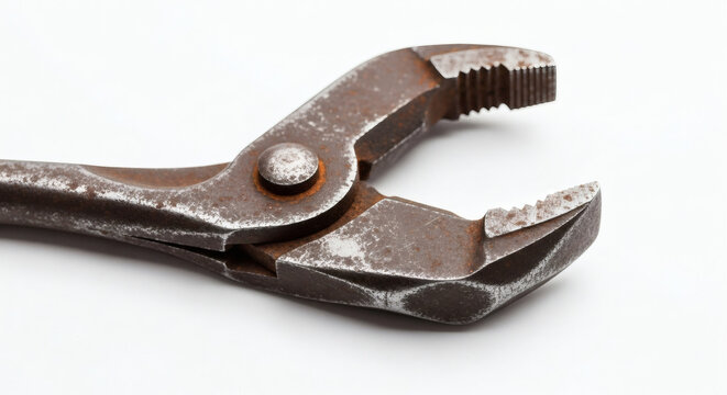 Close up of rusty pliers with textured jaws on a white background