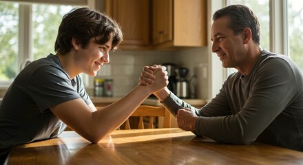 Father and son engage in friendly arm wrestling match at home, bonding through playful competition.