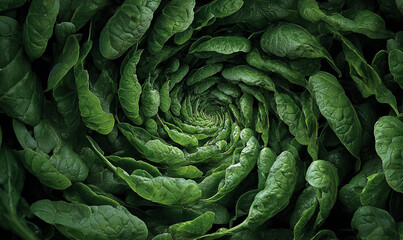 Obraz premium Close up shot of a spiral arrangement of fresh green spinach leaves creating a pattern