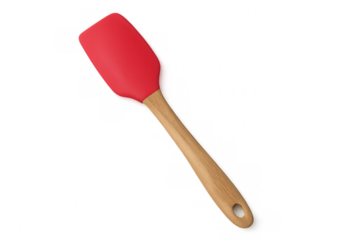 Red silicone kitchen spatula featuring wooden handle, professional cooking tool resting against clean white backdrop