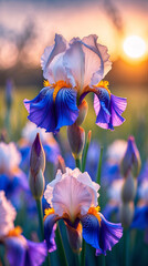 Blue iris macro flower glowing in golden garden afternoon captured with sharp vivid petal detail aesthetic floral photography for wallpaper background