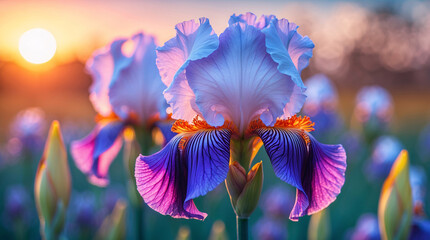 Blue iris macro flower surrounded by soft leaves and garden glow during afternoon sunshine aesthetic floral photography for wallpaper background