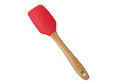 Red silicone kitchen spatula featuring wooden handle, professional cooking tool resting against clean white backdrop