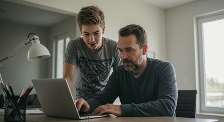 A father helps his son with a project on the laptop, teaching him and spending time together.