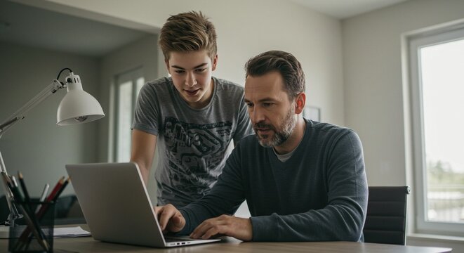 A father helps his son with a project on the laptop, teaching him and spending time together.
