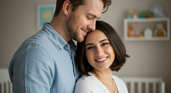 A loving couple embracing in a nursery, anticipating the arrival of their new baby with tenderness.