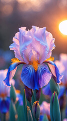 Detailed macro shot of blue iris bloom taken under afternoon sunlight in floral garden space aesthetic floral photography for wallpaper background
