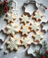 Overhead view of star shaped christmas cookies with white icing and cookie cutters around