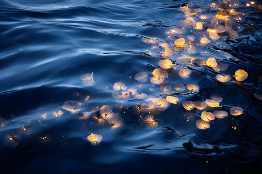 Illuminated flower petals on rippled water.