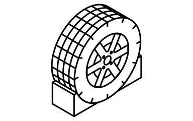 Simple and cute isometric line icon of tire with wheel chock for vehicle safety and maintenance illustration, black and white