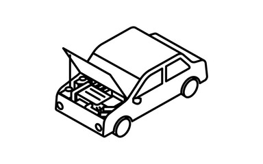 Isometric line icon of sedan car with open hood showing engine maintenance, black and white