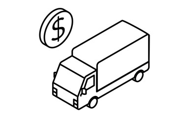 Isometric line icon of truck with dollar mark representing cost or value, black and white