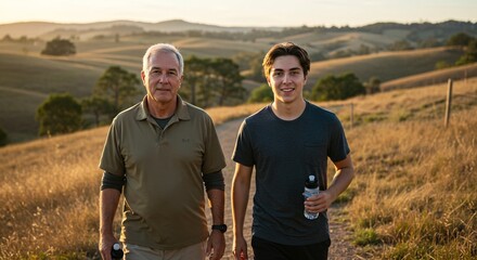 Father and son walking through a golden field at sunset, enjoying quality time together outdoors.