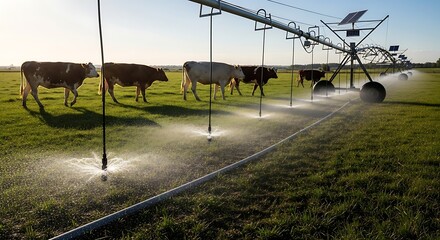 Cows graze near a center pivot irrigation system on a sunny day. 