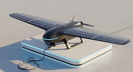 An advanced solar-powered drone, ready for flight, sitting on a futuristic charging platform. 