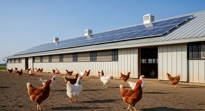 Solar panels on the roof of a poultry farm house with multiple chickens roaming around. 