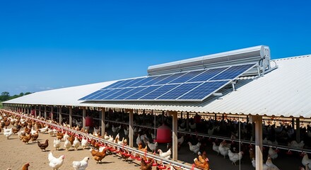 Poultry Farm with Solar Panels on Roof. 
