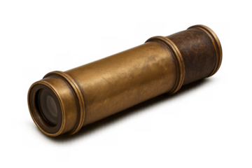Vintage brass telescope positioned on clear surface, symbolizing nautical exploration and historical maritime navigation