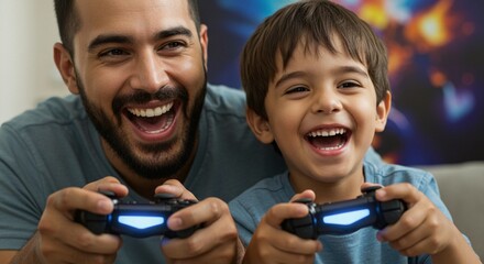 A father and son are joyfully playing video games together, smiling with excitement, holding game controllers.
