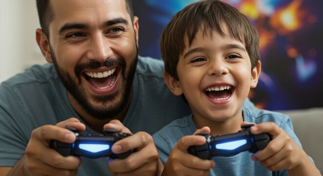 A father and son are joyfully playing video games together, smiling with excitement, holding game controllers.