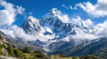 Fototapeta premium Majestic snow-capped mountain peak amidst clouds and lush valley