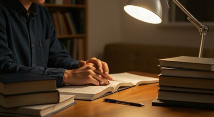 A person is seated at a table, illuminated by a lamp, engrossed in reading a book. Stack of books.