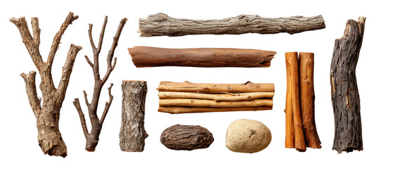 Organic dry branches and tree segments arranged for rustic designs, isolated on a Transparent background, PNG file.