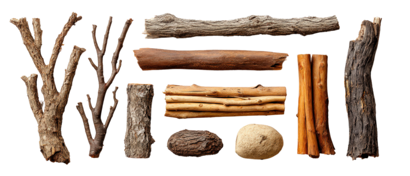 Organic dry branches and tree segments arranged for rustic designs, isolated on a Transparent background, PNG file.